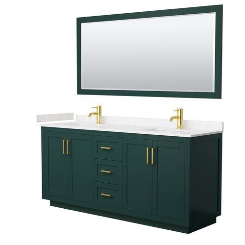 Wyndham Miranda 72 Inch Double Bathroom Vanity in Green, Light-Vein Carrara Cultured Marble Countertop, Undermount Square Sinks, Brushed Gold Trim, 70 Inch Mirror- Wyndham