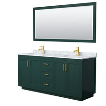 Load image into Gallery viewer, Wyndham Miranda 72 Inch Double Bathroom Vanity in Green, White Carrara Marble Countertop, Undermount Square Sinks, Brushed Gold Trim, 70 Inch Mirror- Wyndham