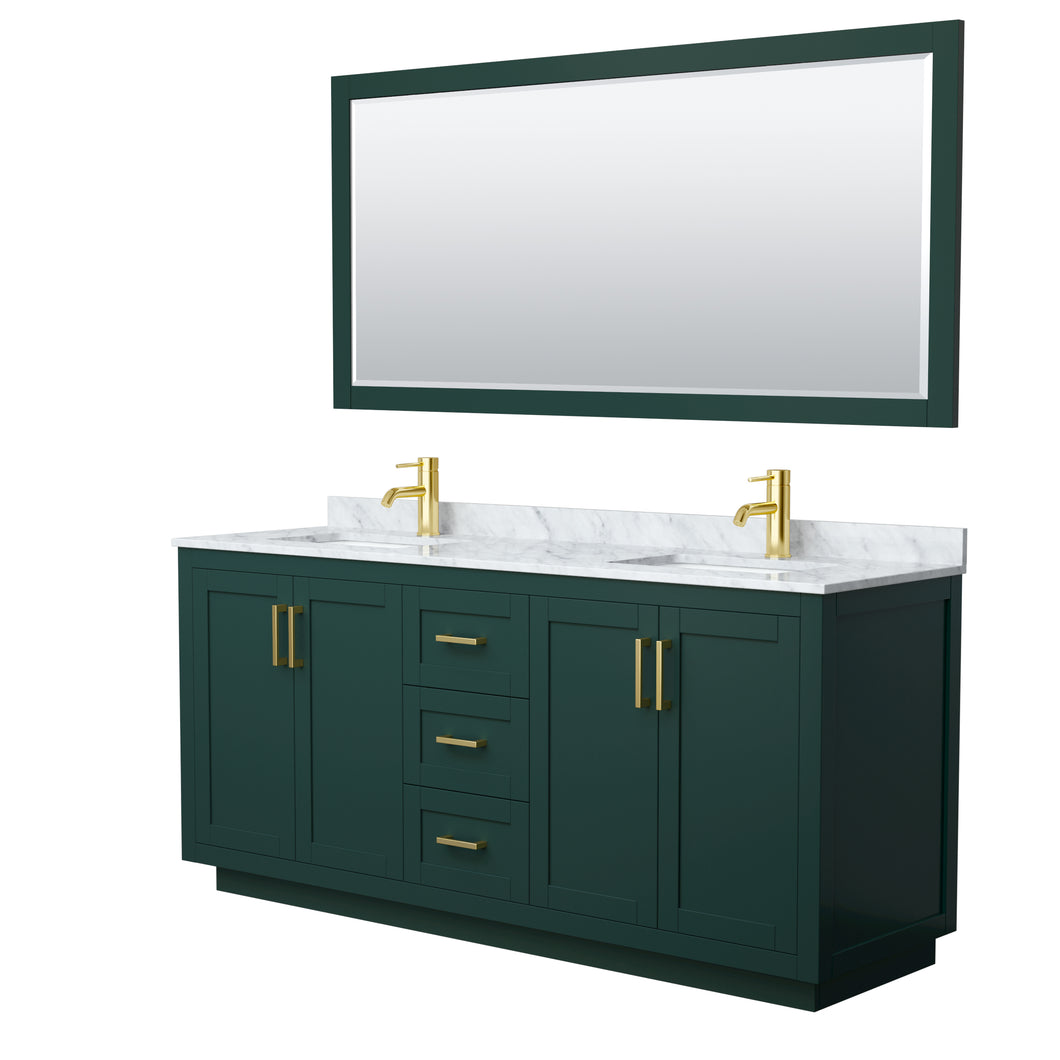 Wyndham Miranda 72 Inch Double Bathroom Vanity in Green, White Carrara Marble Countertop, Undermount Square Sinks, Brushed Gold Trim, 70 Inch Mirror- Wyndham