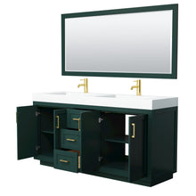 Load image into Gallery viewer, Wyndham Miranda 72 Inch Double Bathroom Vanity in Green, 4 Inch Thick Matte White Solid Surface Countertop, Integrated Sinks, Brushed Gold Trim, 70 Inch Mirror- Wyndham