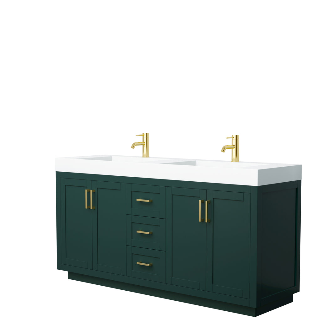 Wyndham Miranda 72 Inch Double Bathroom Vanity in Green, 4 Inch Thick Matte White Solid Surface Countertop, Integrated Sinks, Brushed Gold Trim- Wyndham
