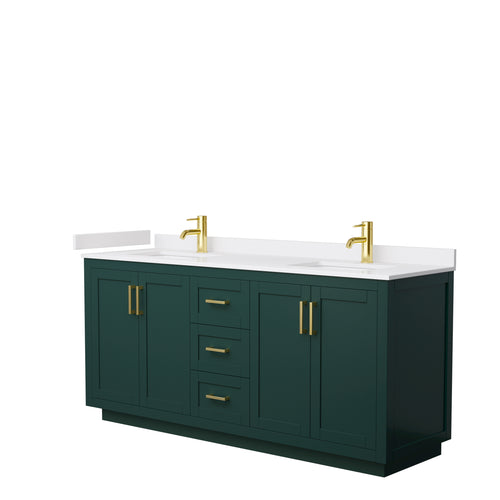 Wyndham Miranda 72 Inch Double Bathroom Vanity in Green, White Cultured Marble Countertop, Undermount Square Sinks, Brushed Gold Trim- Wyndham