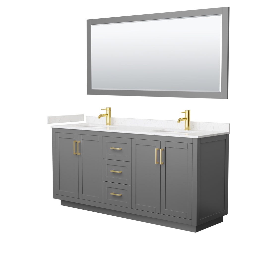 Wyndham Miranda 72 Inch Double Bathroom Vanity in Dark Gray, Light-Vein Carrara Cultured Marble Countertop, Undermount Square Sinks, Brushed Gold Trim, 70 Inch Mirror- Wyndham