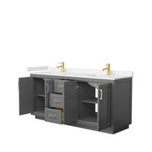 Load image into Gallery viewer, Wyndham Miranda 72 Inch Double Bathroom Vanity in Dark Gray, Light-Vein Carrara Cultured Marble Countertop, Undermount Square Sinks, Brushed Gold Trim- Wyndham