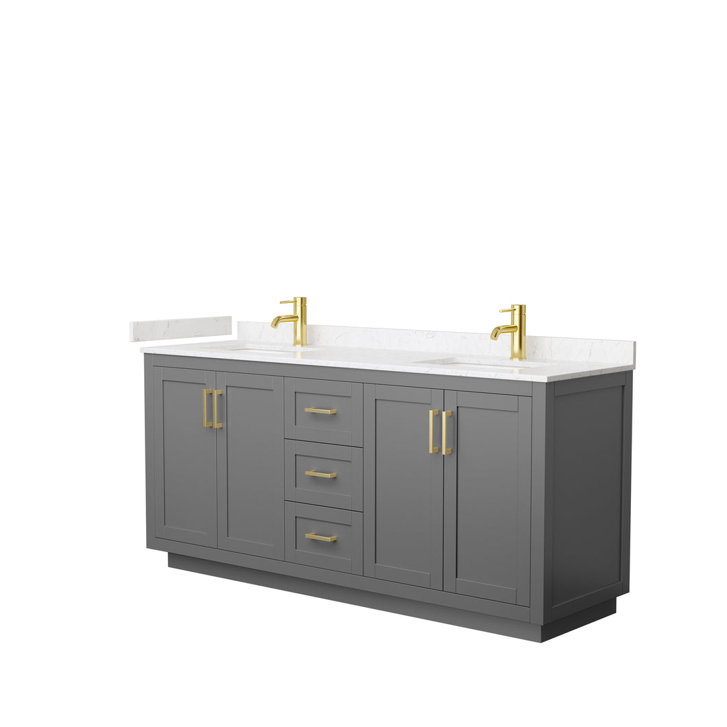 Wyndham Miranda 72 Inch Double Bathroom Vanity in Dark Gray, Light-Vein Carrara Cultured Marble Countertop, Undermount Square Sinks, Brushed Gold Trim- Wyndham