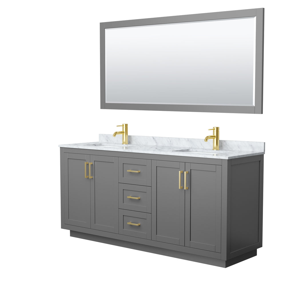 Wyndham Miranda 72 Inch Double Bathroom Vanity in Dark Gray, White Carrara Marble Countertop, Undermount Square Sinks, Brushed Gold Trim, 70 Inch Mirror- Wyndham