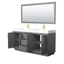 Load image into Gallery viewer, Wyndham Miranda 72 Inch Double Bathroom Vanity in Dark Gray, 4 Inch Thick Matte White Solid Surface Countertop, Integrated Sinks, Brushed Gold Trim, 70 Inch Mirror- Wyndham