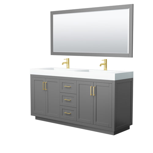 Wyndham Miranda 72 Inch Double Bathroom Vanity in Dark Gray, 4 Inch Thick Matte White Solid Surface Countertop, Integrated Sinks, Brushed Gold Trim, 70 Inch Mirror- Wyndham