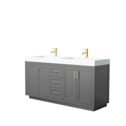 Wyndham Miranda 72 Inch Double Bathroom Vanity in Dark Gray, 4 Inch Thick Matte White Solid Surface Countertop, Integrated Sinks, Brushed Gold Trim- Wyndham