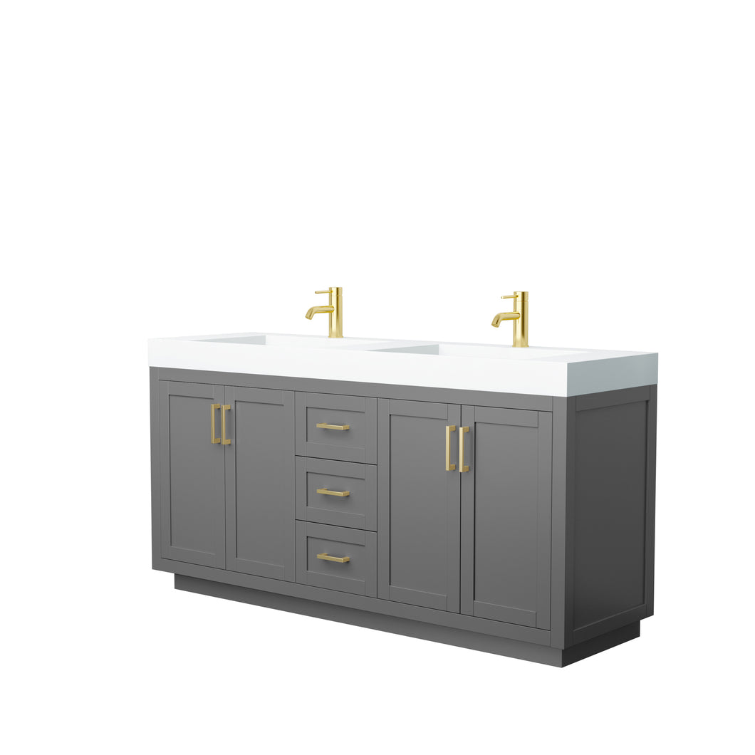 Wyndham Miranda 72 Inch Double Bathroom Vanity in Dark Gray, 4 Inch Thick Matte White Solid Surface Countertop, Integrated Sinks, Brushed Gold Trim- Wyndham