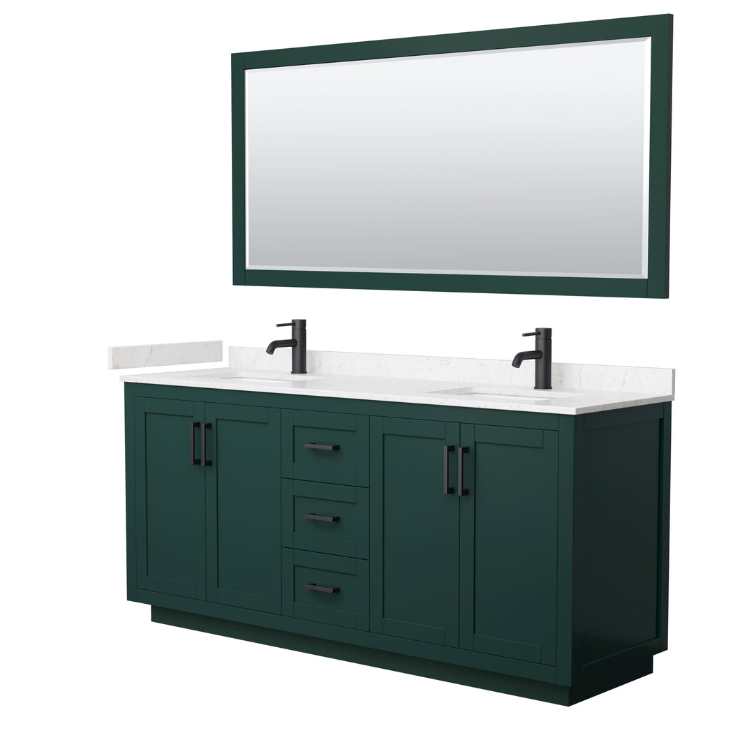 Wyndham Miranda 72 Inch Double Bathroom Vanity in Green, Light-Vein Carrara Cultured Marble Countertop, Undermount Square Sinks, Matte Black Trim, 70 Inch Mirror- Wyndham