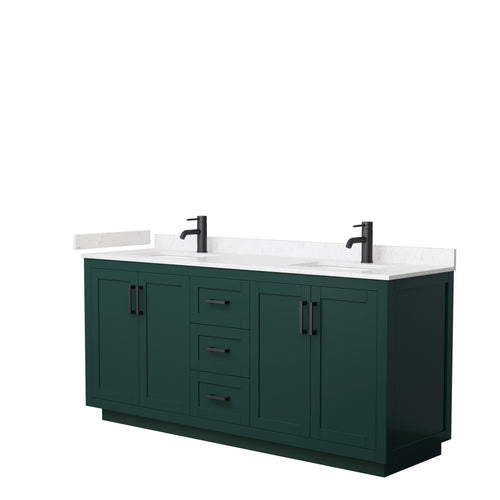 Wyndham Miranda 72 Inch Double Bathroom Vanity in Green, Light-Vein Carrara Cultured Marble Countertop, Undermount Square Sinks, Matte Black Trim- Wyndham