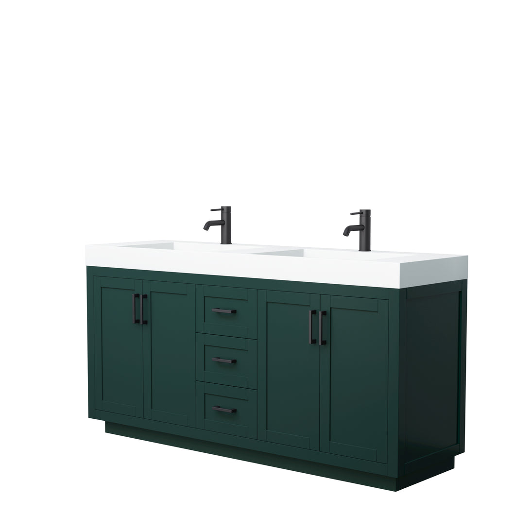Wyndham Miranda 72 Inch Double Bathroom Vanity in Green, 4 Inch Thick Matte White Solid Surface Countertop, Integrated Sinks, Matte Black Trim- Wyndham