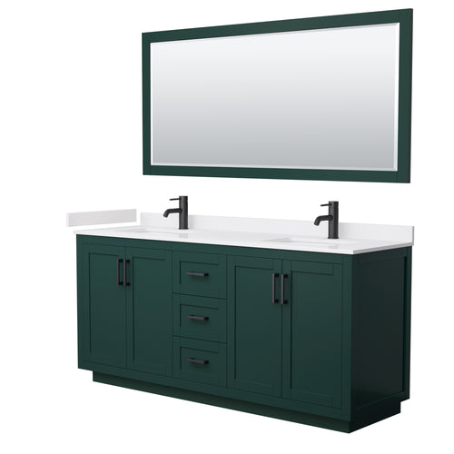 Wyndham Miranda 72 Inch Double Bathroom Vanity in Green, White Cultured Marble Countertop, Undermount Square Sinks, Matte Black Trim, 70 Inch Mirror- Wyndham