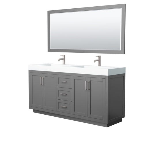 Wyndham Miranda 72 Inch Double Bathroom Vanity in Dark Gray, 4 Inch Thick Matte White Solid Surface Countertop, Integrated Sinks, Brushed Nickel Trim, 70 Inch Mirror- Wyndham