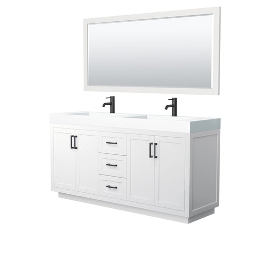 Wyndham Miranda 72 Inch Double Bathroom Vanity in White, 4 Inch Thick Matte White Solid Surface Countertop, Integrated Sinks, Matte Black Trim, 70 Inch Mirror- Wyndham