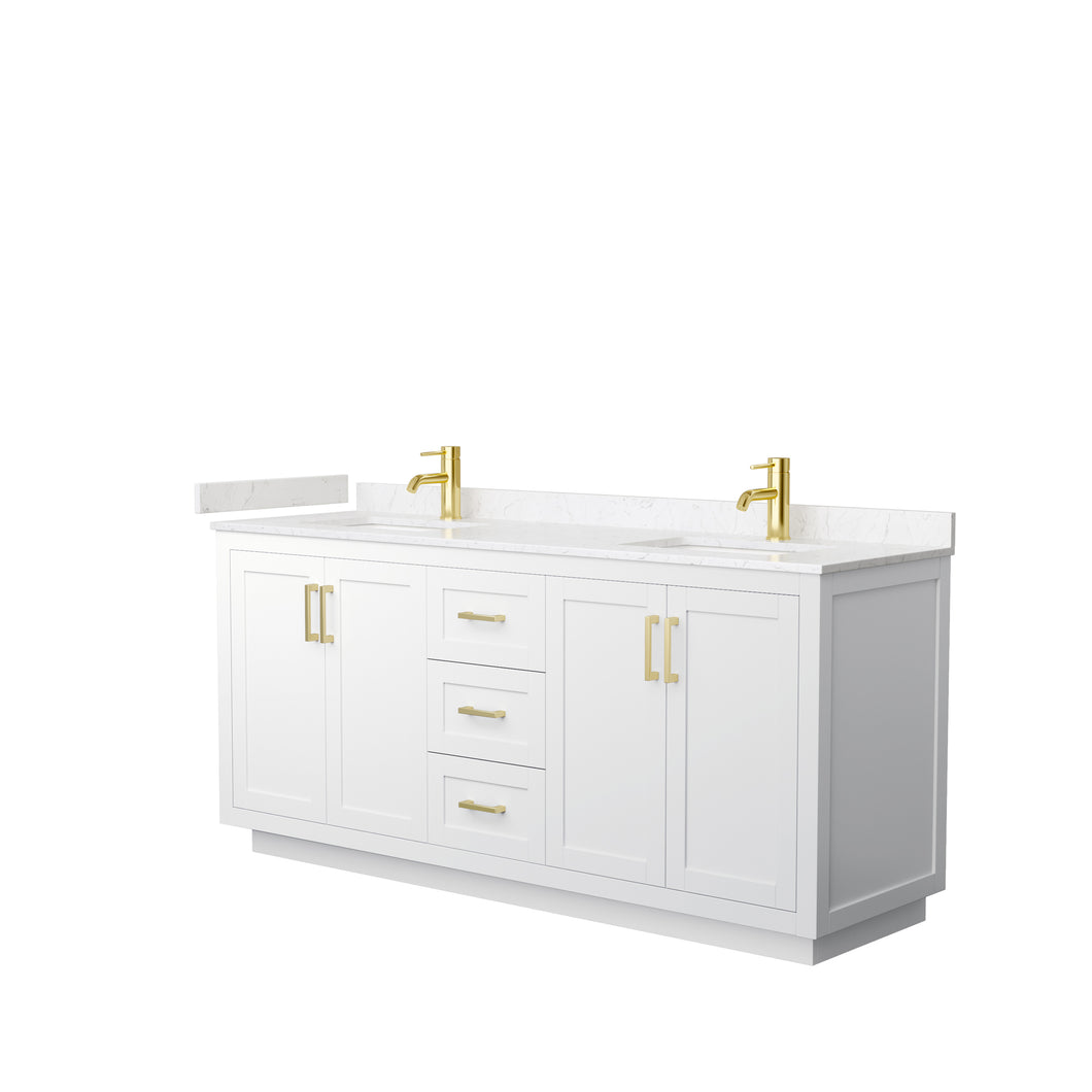 Wyndham Miranda 72 Inch Double Bathroom Vanity in White, Light-Vein Carrara Cultured Marble Countertop, Undermount Square Sinks, Brushed Gold Trim- Wyndham