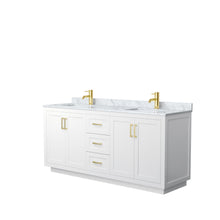 Load image into Gallery viewer, Wyndham Miranda 72 Inch Double Bathroom Vanity in White, White Carrara Marble Countertop, Undermount Square Sinks, Brushed Gold Trim- Wyndham