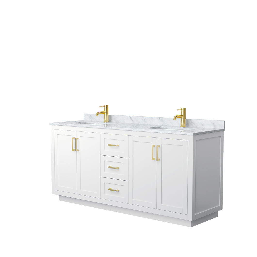 Wyndham Miranda 72 Inch Double Bathroom Vanity in White, White Carrara Marble Countertop, Undermount Square Sinks, Brushed Gold Trim- Wyndham