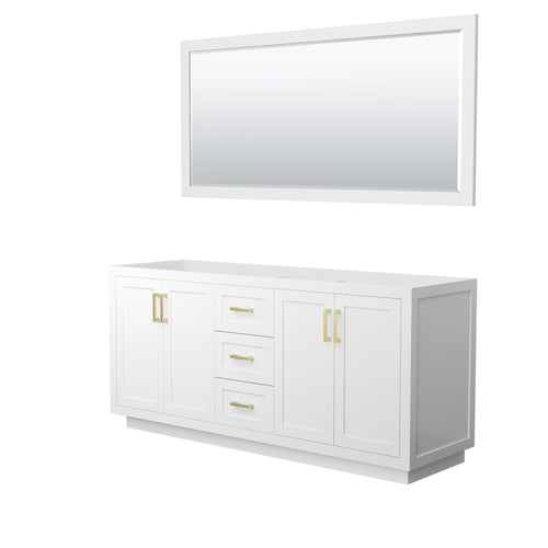 Wyndham Miranda 72 Inch Double Bathroom Vanity in White, No Countertop, No Sink, Brushed Gold Trim, 70 Inch Mirror- Wyndham