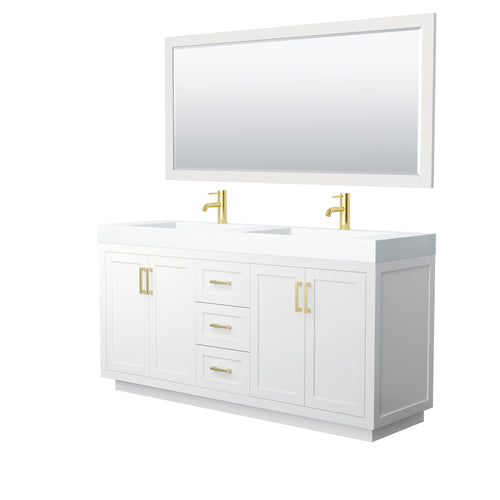 Wyndham Miranda 72 Inch Double Bathroom Vanity in White, 4 Inch Thick Matte White Solid Surface Countertop, Integrated Sinks, Brushed Gold Trim, 70 Inch Mirror- Wyndham