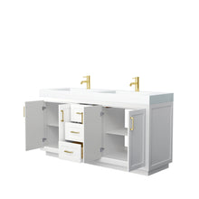 Load image into Gallery viewer, Wyndham Miranda 72 Inch Double Bathroom Vanity in White, 4 Inch Thick Matte White Solid Surface Countertop, Integrated Sinks, Brushed Gold Trim- Wyndham