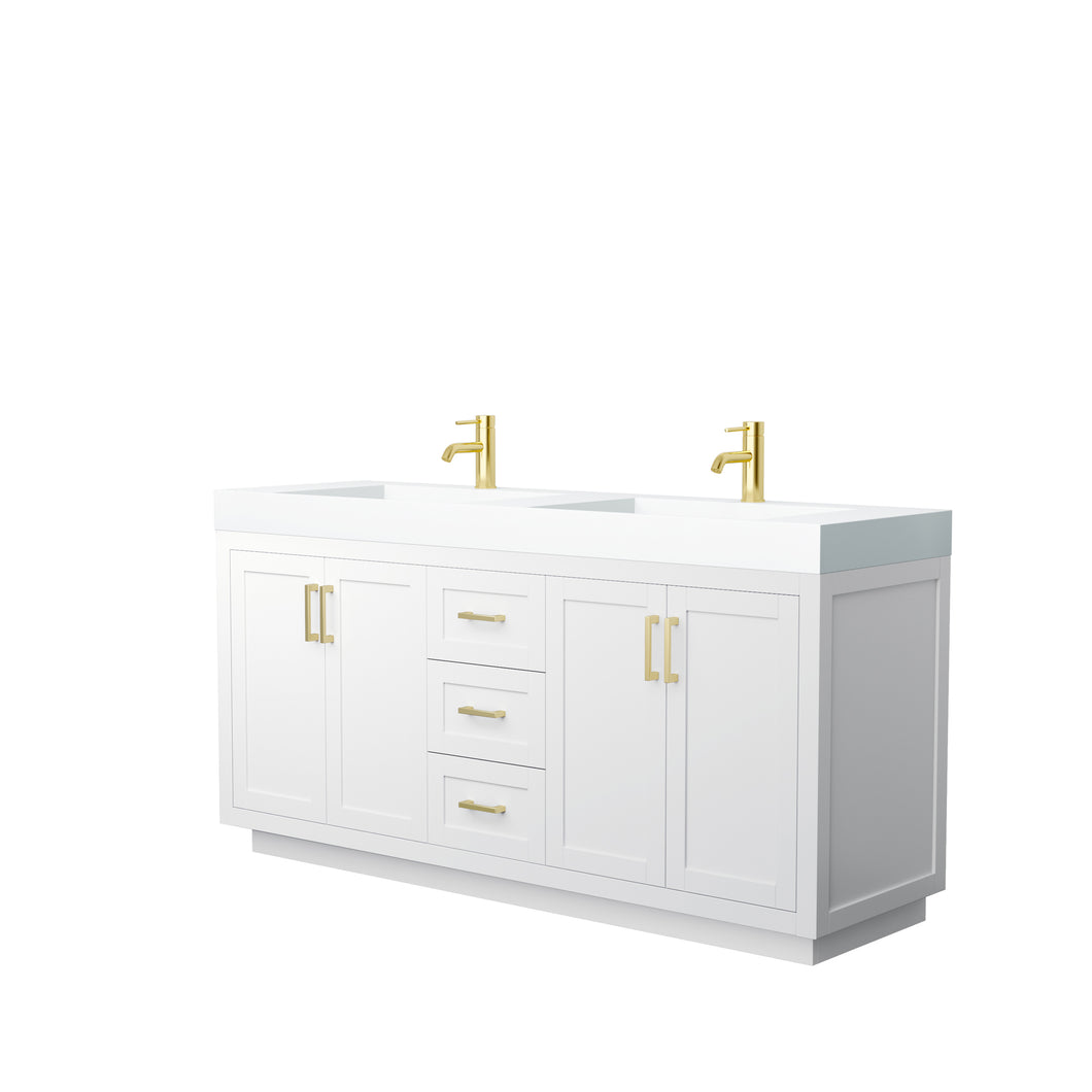 Wyndham Miranda 72 Inch Double Bathroom Vanity in White, 4 Inch Thick Matte White Solid Surface Countertop, Integrated Sinks, Brushed Gold Trim- Wyndham
