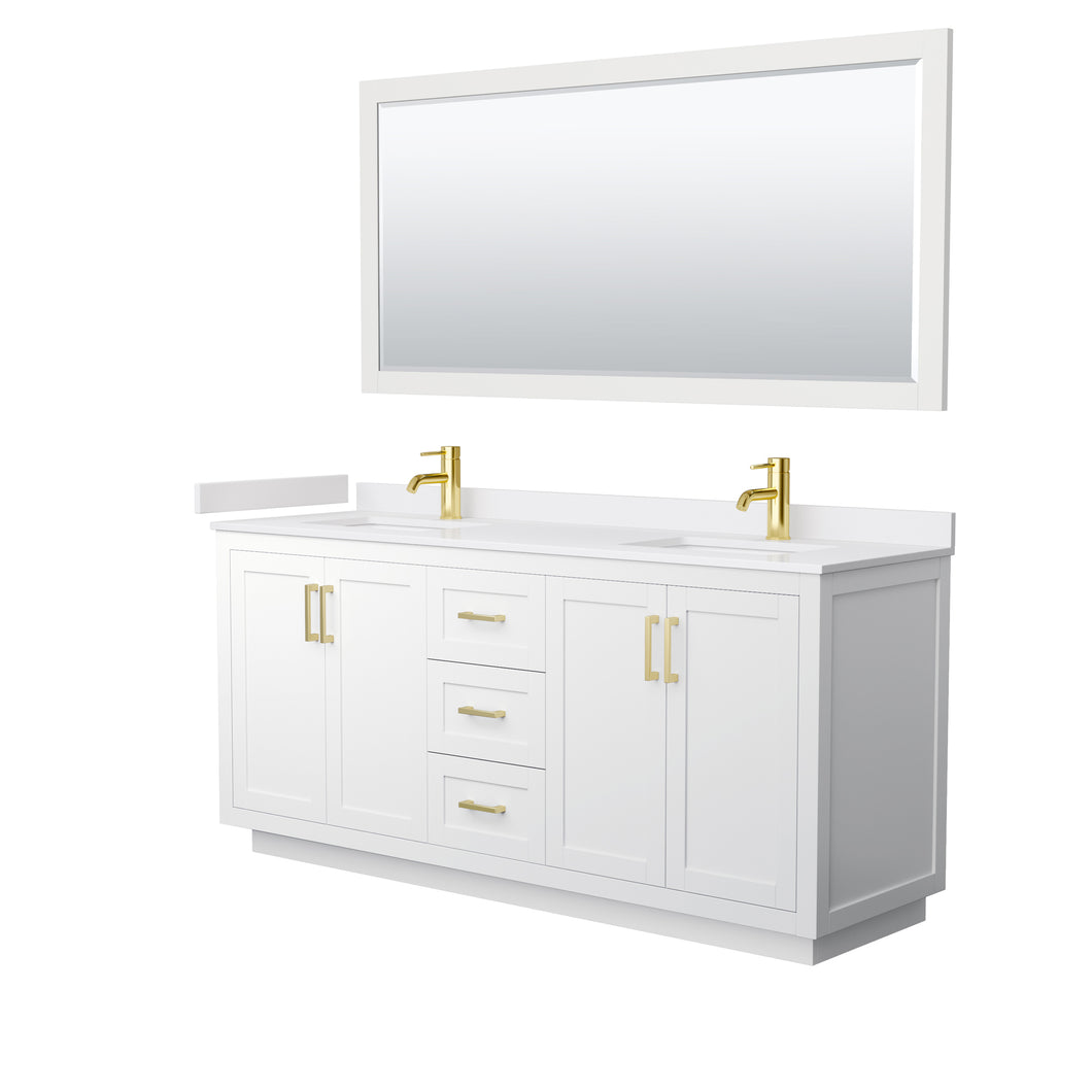 Wyndham Miranda 72 Inch Double Bathroom Vanity in White, White Cultured Marble Countertop, Undermount Square Sinks, Brushed Gold Trim, 70 Inch Mirror- Wyndham