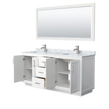 Load image into Gallery viewer, Wyndham Miranda 72 Inch Double Bathroom Vanity in White, White Carrara Marble Countertop, Undermount Square Sinks, Brushed Nickel Trim, 70 Inch Mirror- Wyndham