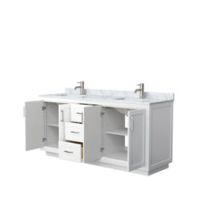 Load image into Gallery viewer, Wyndham Miranda 72 Inch Double Bathroom Vanity in White, White Carrara Marble Countertop, Undermount Square Sinks, Brushed Nickel Trim- Wyndham