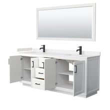 Load image into Gallery viewer, Wyndham Miranda 80 Inch Double Bathroom Vanity in White, Light-Vein Carrara Cultured Marble Countertop, Undermount Square Sinks, Matte Black Trim, 70 Inch Mirror- Wyndham