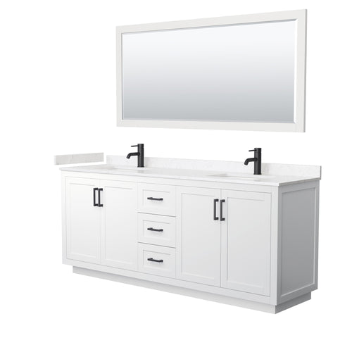 Wyndham Miranda 80 Inch Double Bathroom Vanity in White, Light-Vein Carrara Cultured Marble Countertop, Undermount Square Sinks, Matte Black Trim, 70 Inch Mirror- Wyndham