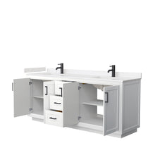 Load image into Gallery viewer, Wyndham Miranda 80 Inch Double Bathroom Vanity in White, Light-Vein Carrara Cultured Marble Countertop, Undermount Square Sinks, Matte Black Trim- Wyndham