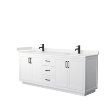 Load image into Gallery viewer, Wyndham Miranda 80 Inch Double Bathroom Vanity in White, Light-Vein Carrara Cultured Marble Countertop, Undermount Square Sinks, Matte Black Trim- Wyndham
