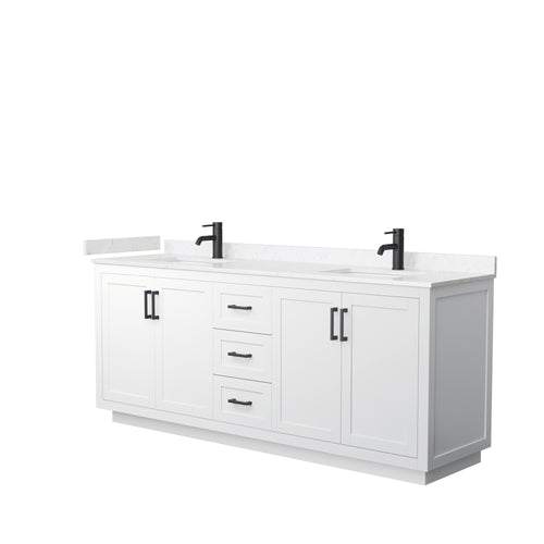 Wyndham Miranda 80 Inch Double Bathroom Vanity in White, Light-Vein Carrara Cultured Marble Countertop, Undermount Square Sinks, Matte Black Trim- Wyndham