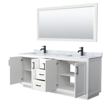 Load image into Gallery viewer, Wyndham Miranda 80 Inch Double Bathroom Vanity in White, White Carrara Marble Countertop, Undermount Square Sinks, Matte Black Trim, 70 Inch Mirror- Wyndham