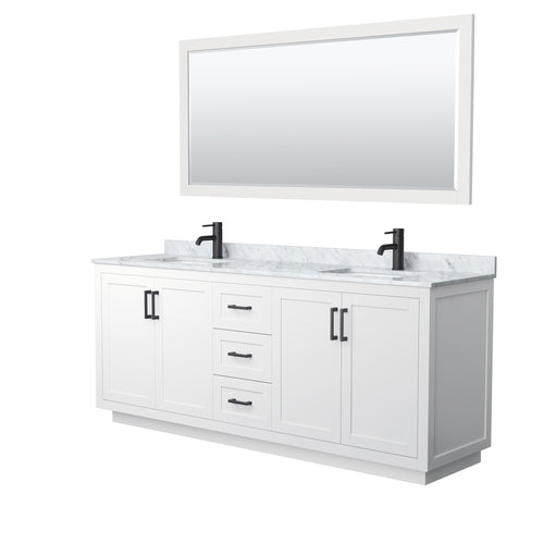 Wyndham Miranda 80 Inch Double Bathroom Vanity in White, White Carrara Marble Countertop, Undermount Square Sinks, Matte Black Trim, 70 Inch Mirror- Wyndham