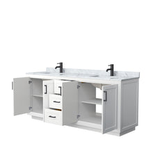 Load image into Gallery viewer, Wyndham Miranda 80 Inch Double Bathroom Vanity in White, White Carrara Marble Countertop, Undermount Square Sinks, Matte Black Trim- Wyndham