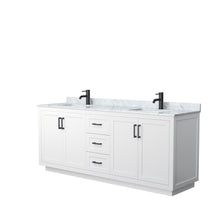 Load image into Gallery viewer, Wyndham Miranda 80 Inch Double Bathroom Vanity in White, White Carrara Marble Countertop, Undermount Square Sinks, Matte Black Trim- Wyndham
