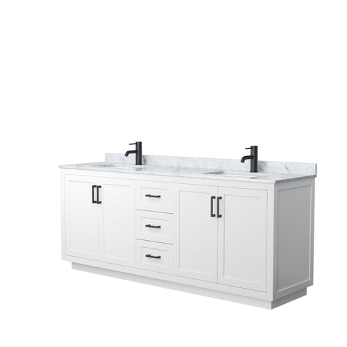 Wyndham Miranda 80 Inch Double Bathroom Vanity in White, White Carrara Marble Countertop, Undermount Square Sinks, Matte Black Trim- Wyndham
