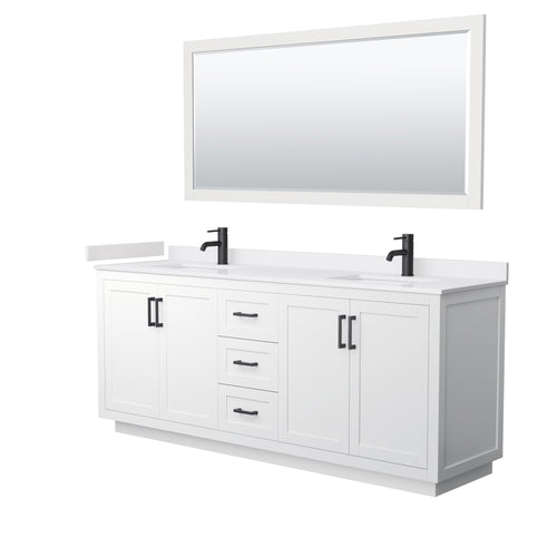 Wyndham Miranda 80 Inch Double Bathroom Vanity in White, White Cultured Marble Countertop, Undermount Square Sinks, Matte Black Trim, 70 Inch Mirror- Wyndham