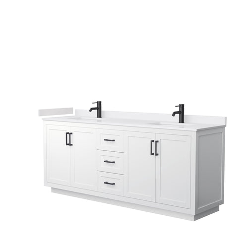 Wyndham Miranda 80 Inch Double Bathroom Vanity in White, White Cultured Marble Countertop, Undermount Square Sinks, Matte Black Trim- Wyndham
