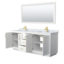 Load image into Gallery viewer, Wyndham Miranda 80 Inch Double Bathroom Vanity in White, White Carrara Marble Countertop, Undermount Square Sinks, Brushed Gold Trim, 70 Inch Mirror- Wyndham