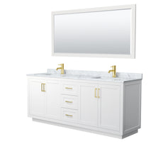 Load image into Gallery viewer, Wyndham Miranda 80 Inch Double Bathroom Vanity in White, White Carrara Marble Countertop, Undermount Square Sinks, Brushed Gold Trim, 70 Inch Mirror- Wyndham