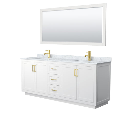 Wyndham Miranda 80 Inch Double Bathroom Vanity in White, White Carrara Marble Countertop, Undermount Square Sinks, Brushed Gold Trim, 70 Inch Mirror- Wyndham