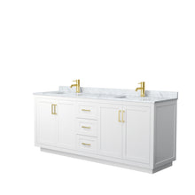 Load image into Gallery viewer, Wyndham Miranda 80 Inch Double Bathroom Vanity in White, White Carrara Marble Countertop, Undermount Square Sinks, Brushed Gold Trim- Wyndham