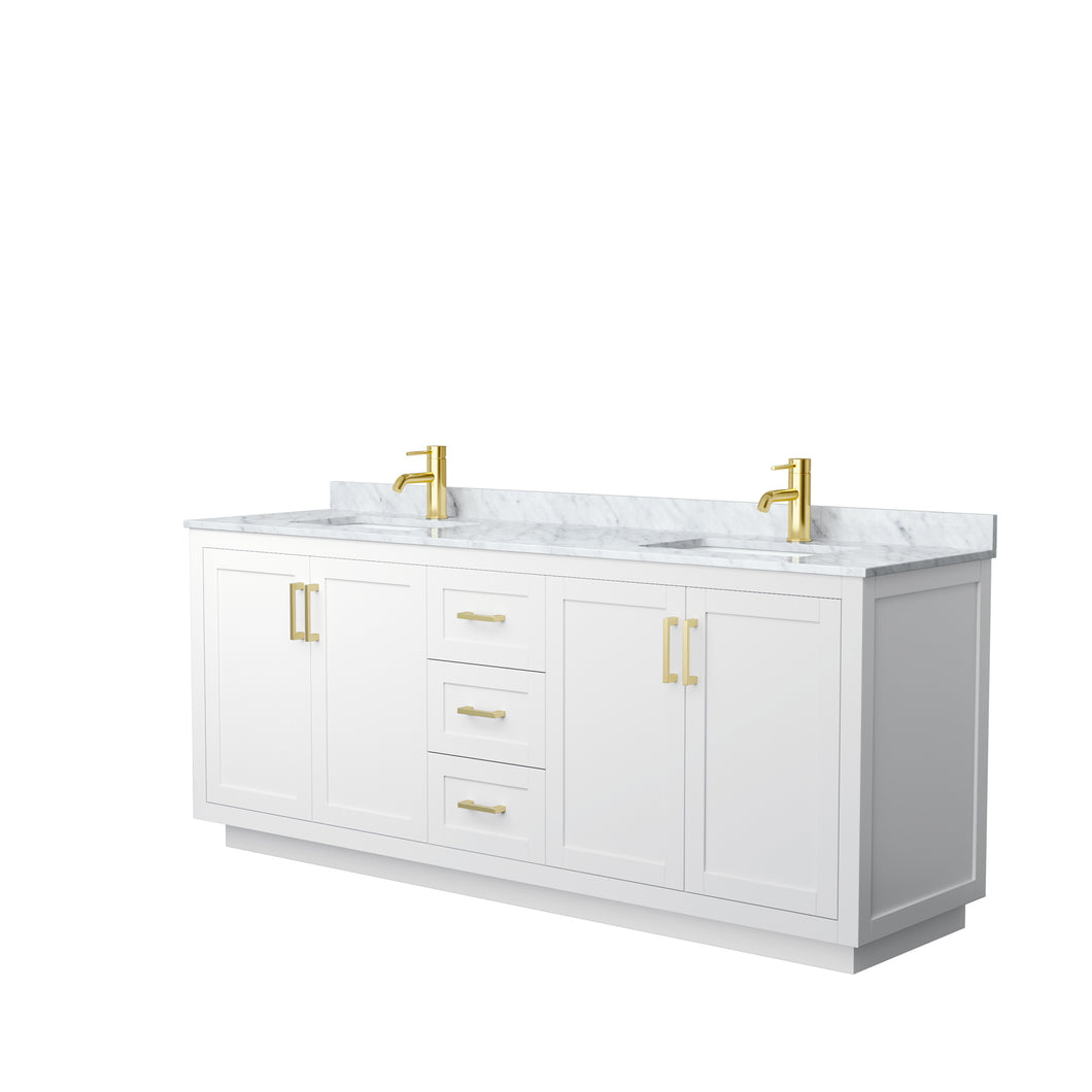 Wyndham Miranda 80 Inch Double Bathroom Vanity in White, White Carrara Marble Countertop, Undermount Square Sinks, Brushed Gold Trim- Wyndham