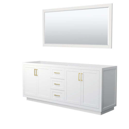 Wyndham Miranda 80 Inch Double Bathroom Vanity in White, No Countertop, No Sink, Brushed Gold Trim, 70 Inch Mirror- Wyndham