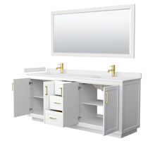 Load image into Gallery viewer, Wyndham Miranda 80 Inch Double Bathroom Vanity in White, White Cultured Marble Countertop, Undermount Square Sinks, Brushed Gold Trim, 70 Inch Mirror- Wyndham