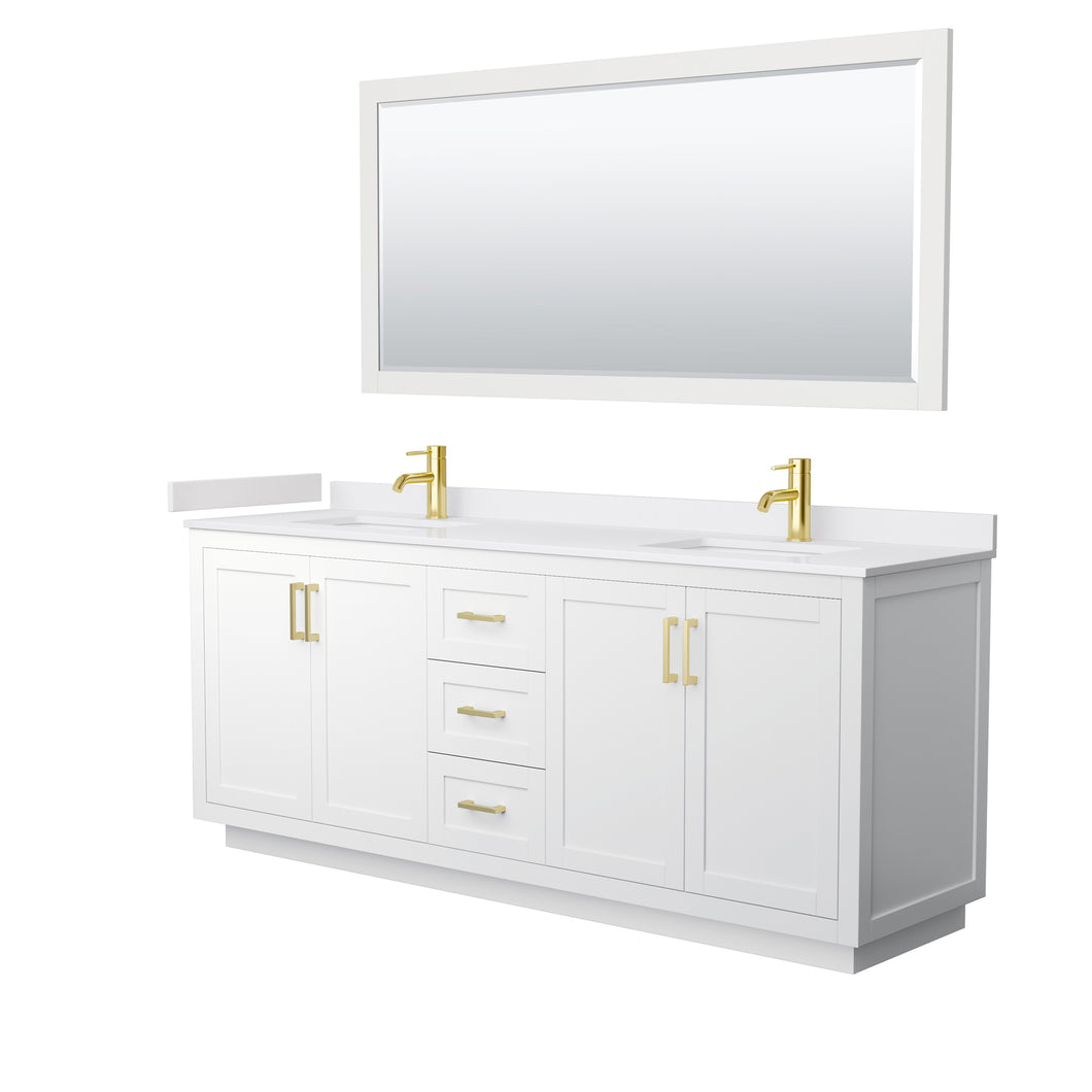 Wyndham Miranda 80 Inch Double Bathroom Vanity in White, White Cultured Marble Countertop, Undermount Square Sinks, Brushed Gold Trim, 70 Inch Mirror- Wyndham